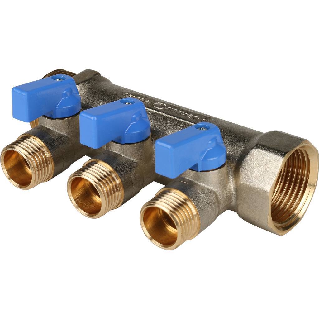 STOUT Коллектор с шаровыми кранами 1", 3 отвода 1/2" (синие ручки) SMB 6201 011203