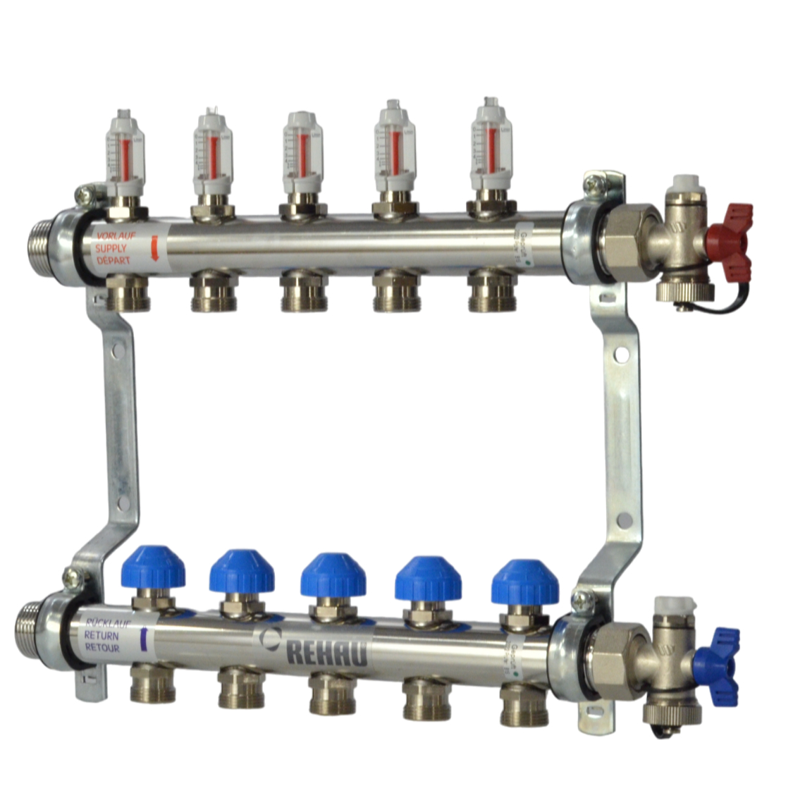 Группа коллекторная нержавеющая сталь 1" НР/НР 2 вых 3/4" НР под евроконус с расходомерами HKV-D Rehau 12080211002 127-9775 Ду 1"x3/4" мм
