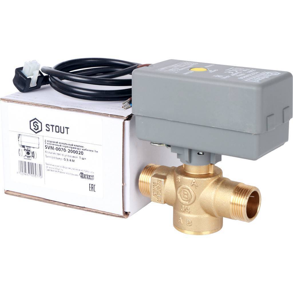 STOUT 2-Ходовой зональный клапан, сервопривод 230V, с 3-х жильным кабелем 1м., НР 3/4" SVM-0070-200020 Ду 20 мм