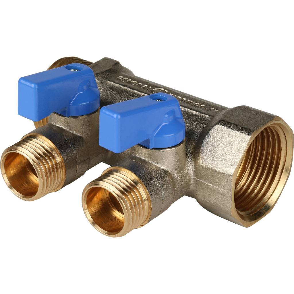STOUT Коллектор с шаровыми кранами 1", 2 отвода 1/2" (синие ручки) SMB 6201 011202