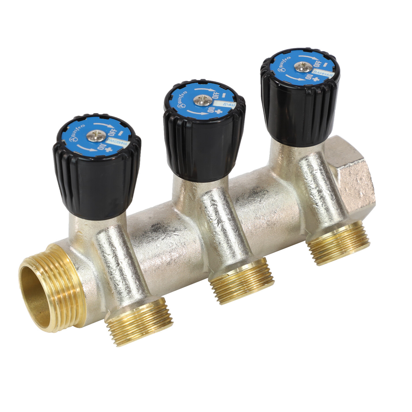 Коллектор латунь 1" ВР/НР на 2 вых 1/2" НР м/о 50мм под плоское уплотнение с регулирующими клапанами 9039 Aquasfera 9039-04 218-0320