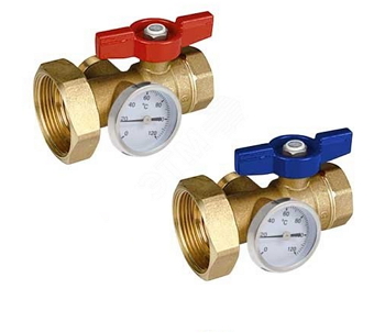 Комплект шаровых кранов латунь R287M Ду 25х40 Ру35 ВР/"американка" бабочка c термометром Giacomini R287MY005 Ду 25х40 мм