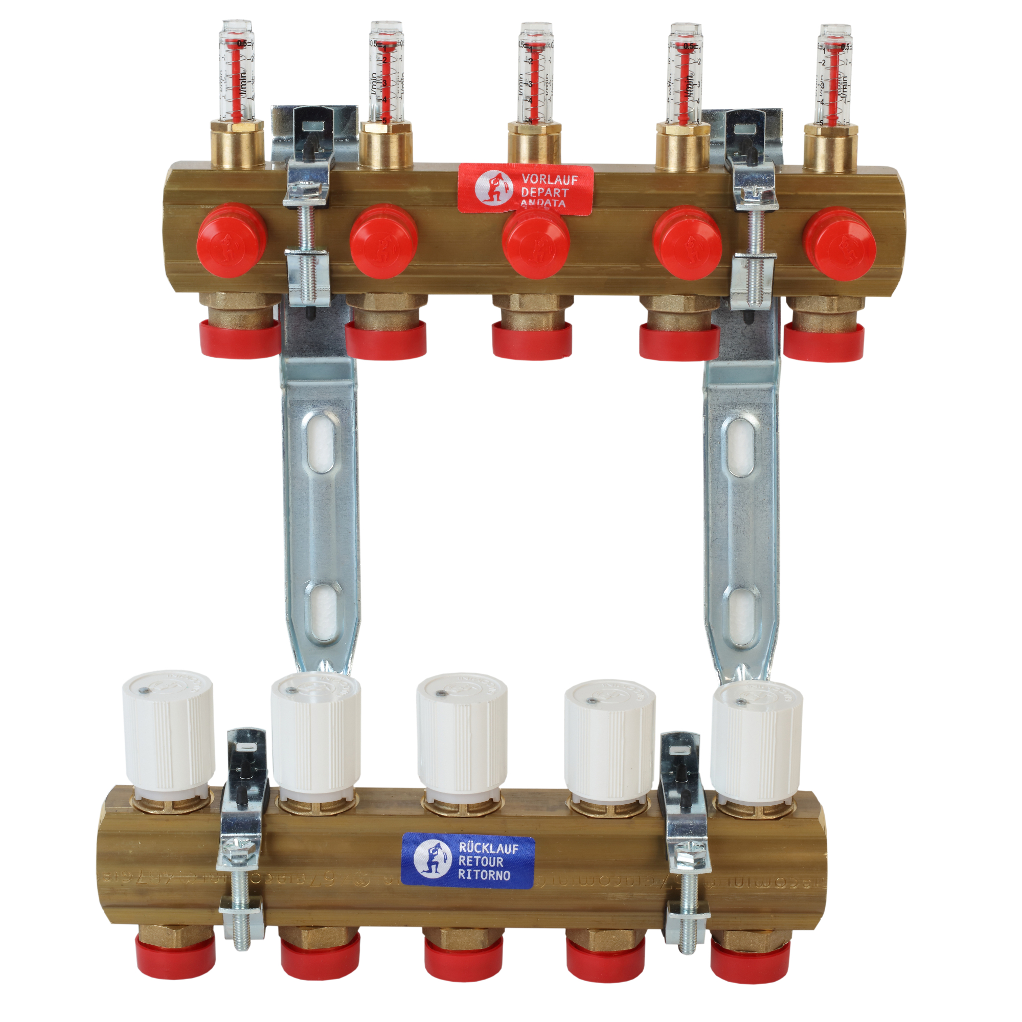 Группа коллекторная латунь 1" ВР/ВР 10 вых 3/4" НР под евроконус с расходомерами R553F Giacomini R553FZY050 040-5052 Ду 1"х3/4" мм