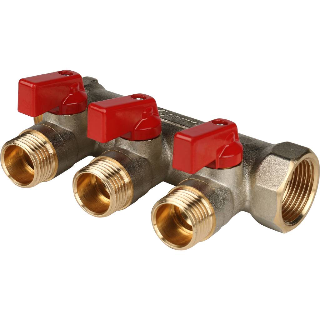 STOUT Коллектор с шаровыми кранами 3/4", 3 отвода 1/2" (красные ручки) SMB 6200 341203