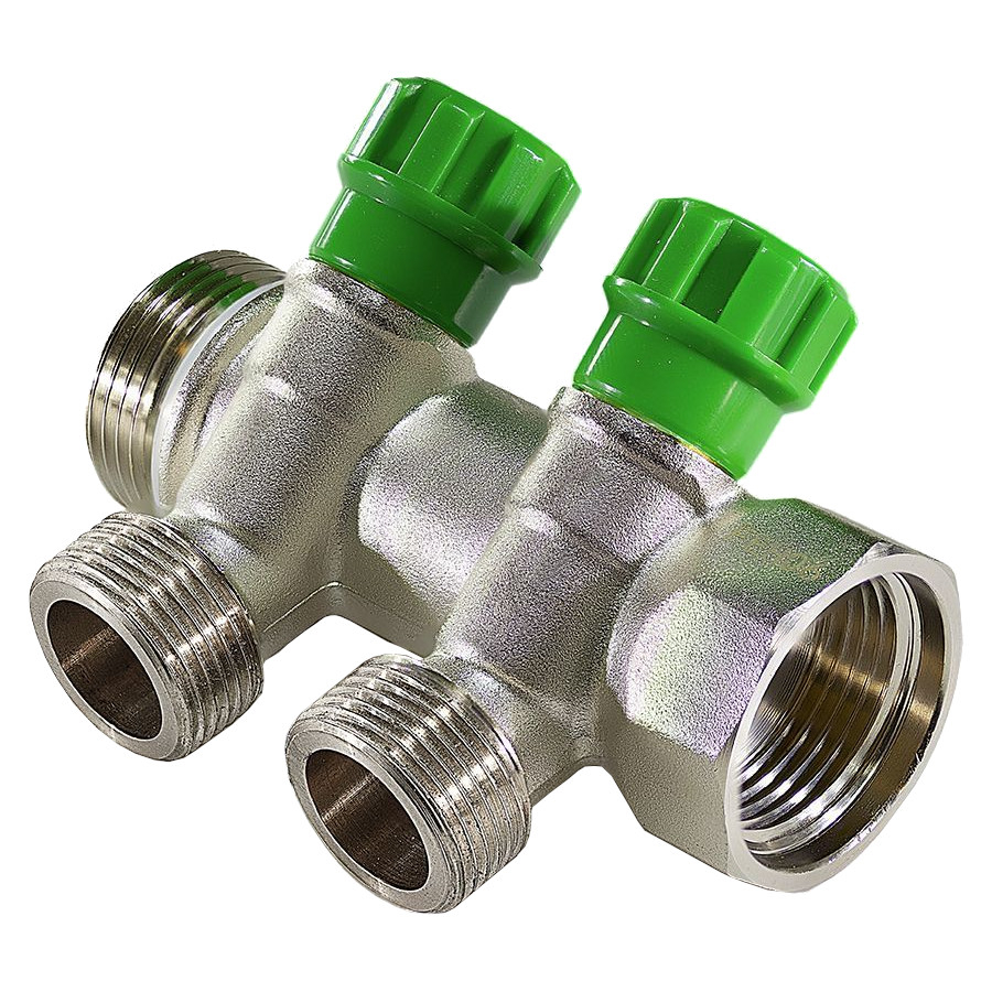 Коллектор латунь 1" ВР/НР на 2 вых 1/2" НР м/о 36мм под плоское уплотнение с регулирующими клапанами SantechSystems 129-9348