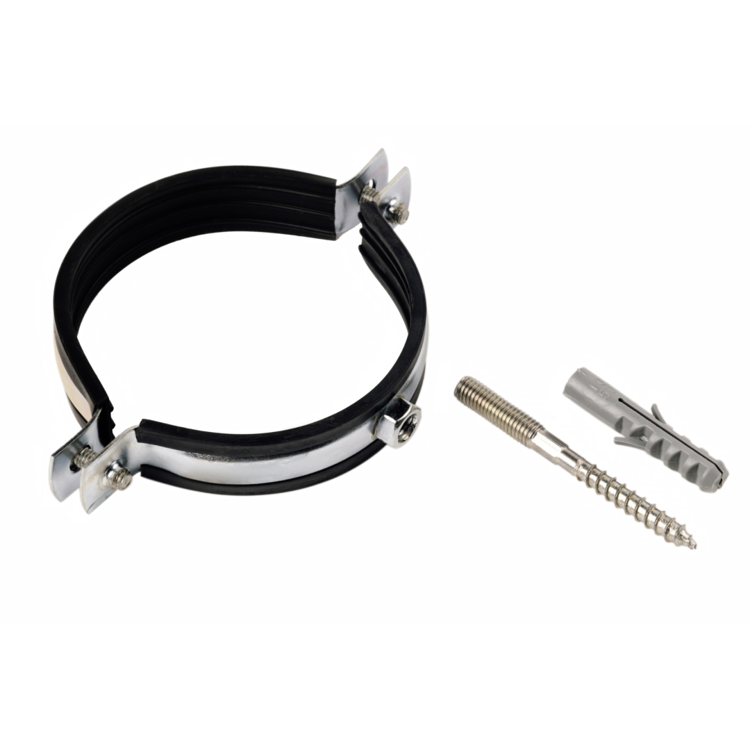 Хомут крепежный сталь оц с резиновой прокладкой Дн 108-114 (4") ±2мм М10 в/к винт-шуруп, дюбель 013-4246