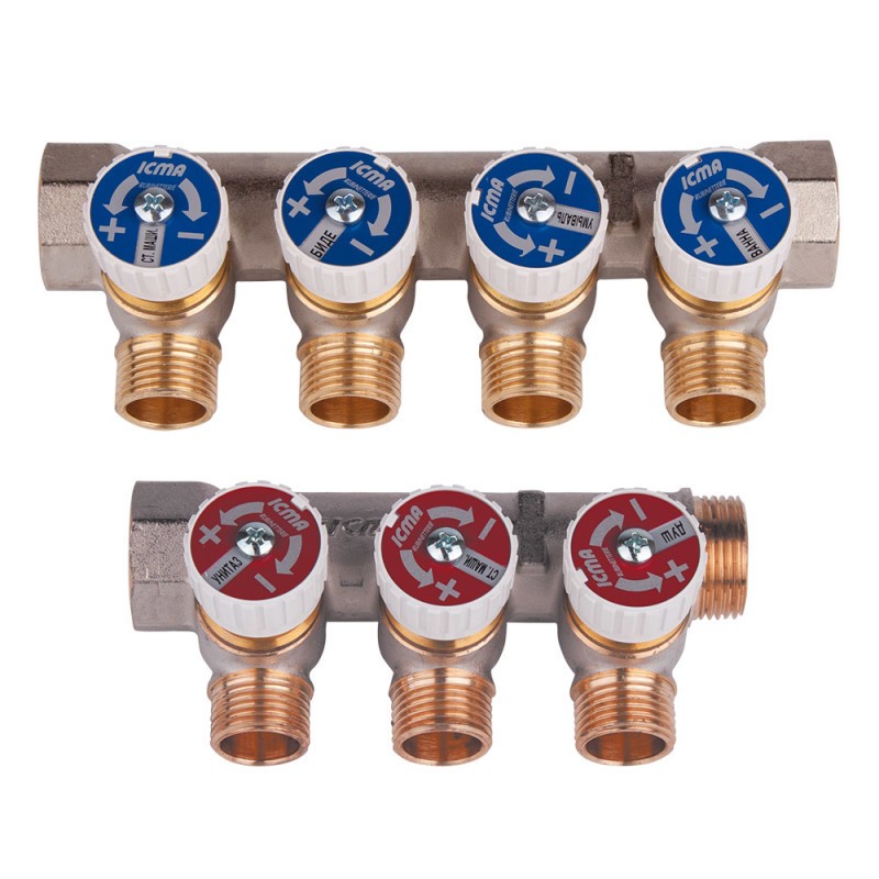 Коллектор латунь 1" ВР/НР на 3 вых 1/2" НР м/о 50мм с регулирующими клапанами Icma 87227PH06 128-5872