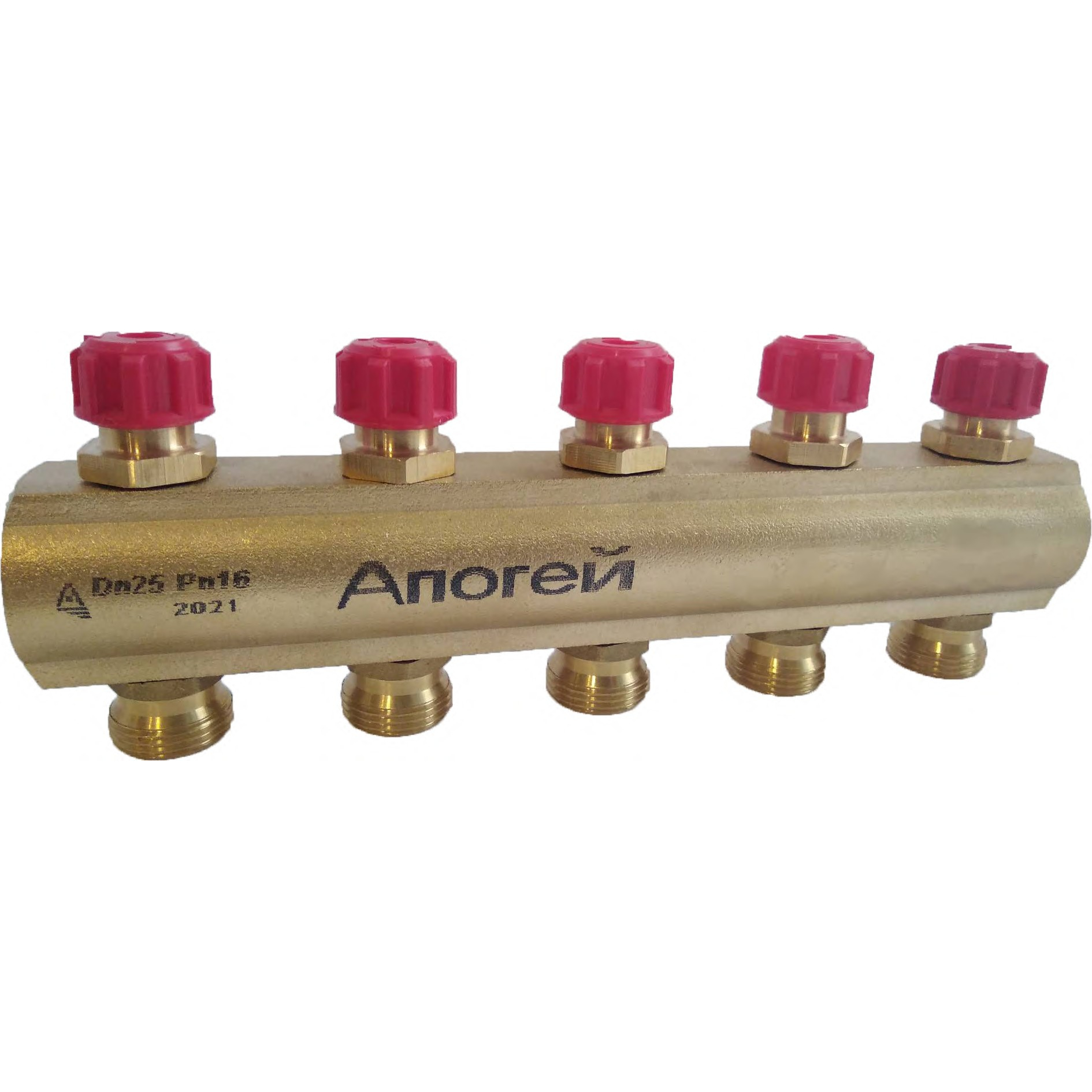 Коллектор латунь 1" ВР/ВР на 8 вых 3/4" НР м/о 50мм под евроконус с запорными клапанами красный маховик Апогей 410420 129-3978