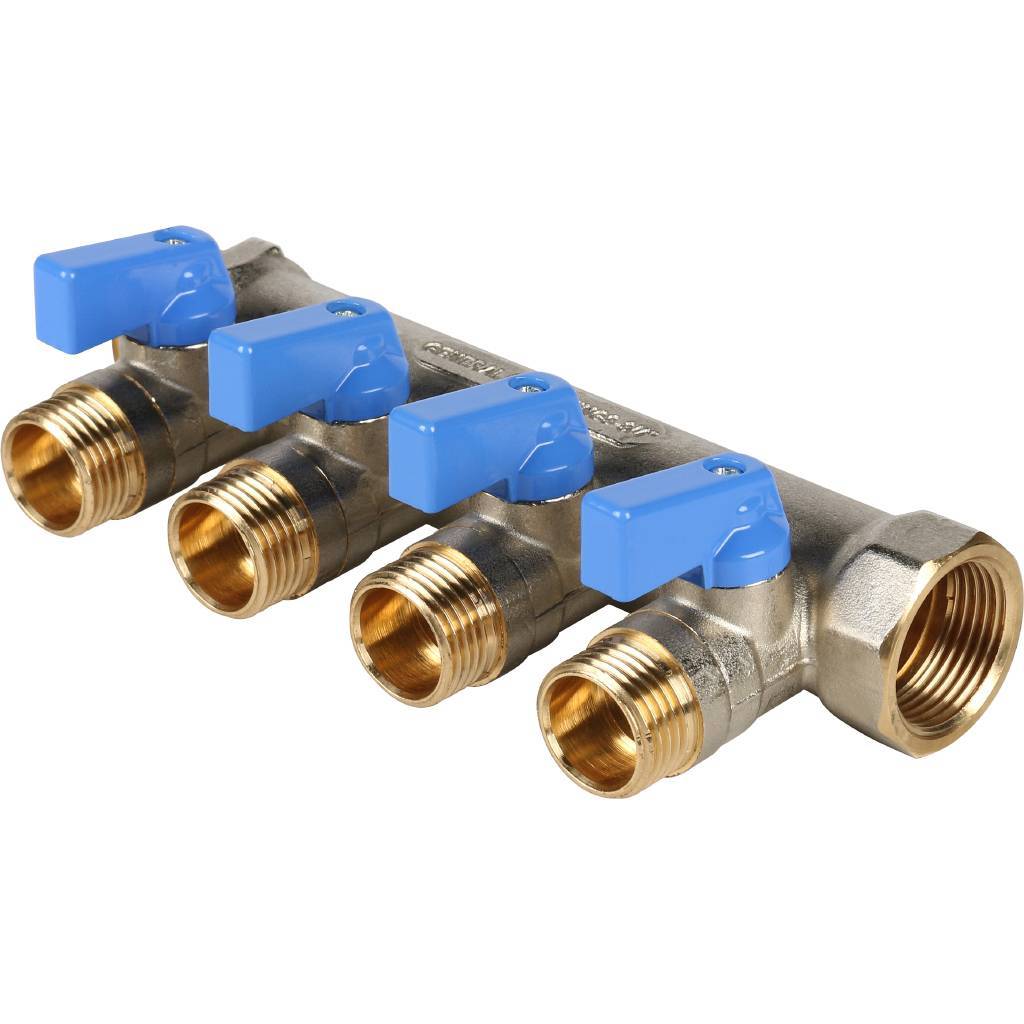 STOUT Коллектор с шаровыми кранами 3/4", 4 отвода 1/2" (синие ручки) SMB 6201 341204