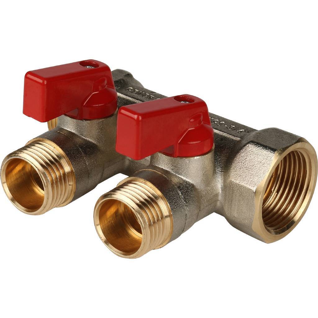 STOUT Коллектор с шаровыми кранами 3/4", 2 отвода 1/2" (красные ручки) SMB 6200 341202