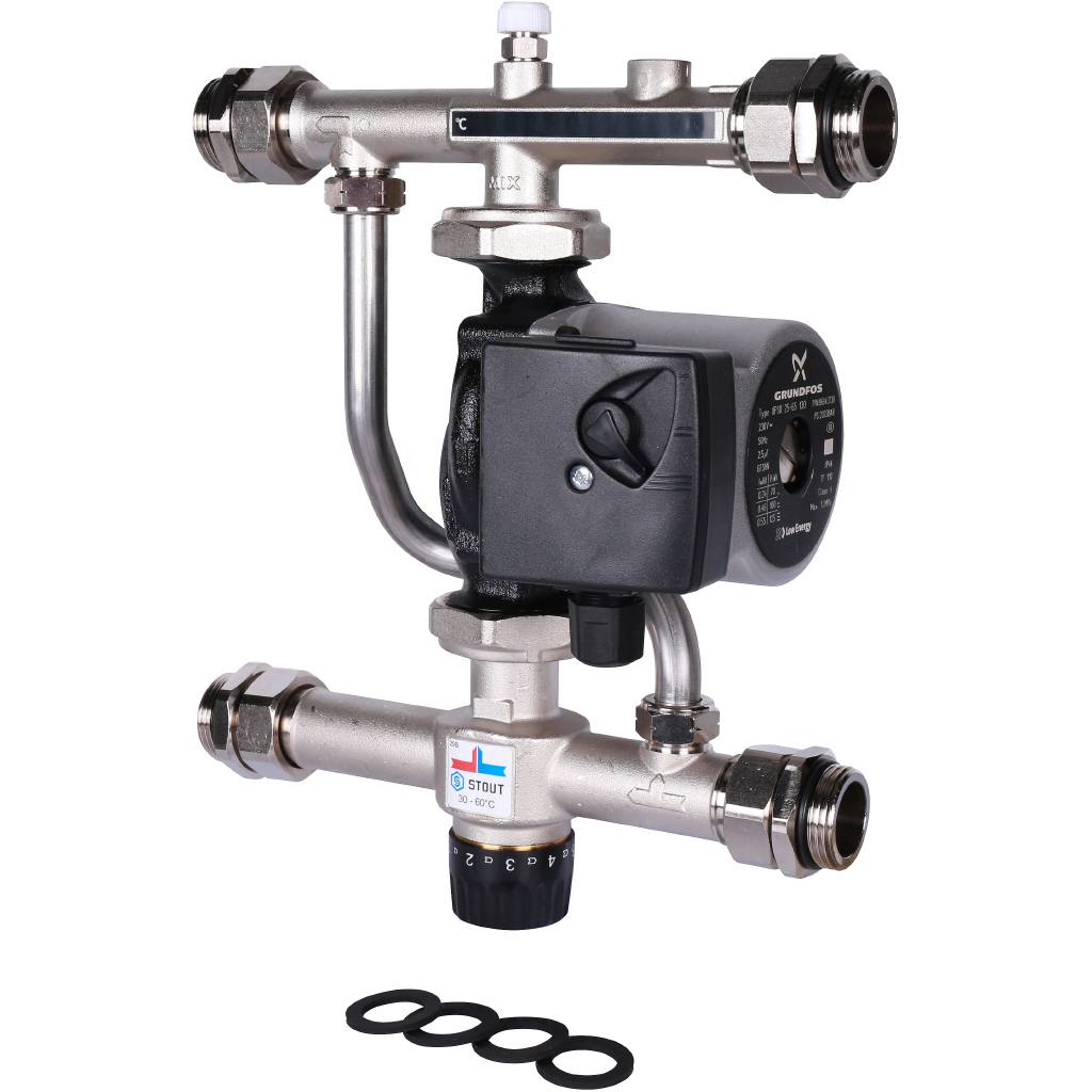 STOUT Насосно-смесительный узел с термостатическим клапаном 30-60°C, с насосом UPSO 25-65, 130 mm SDG-0120-007001
