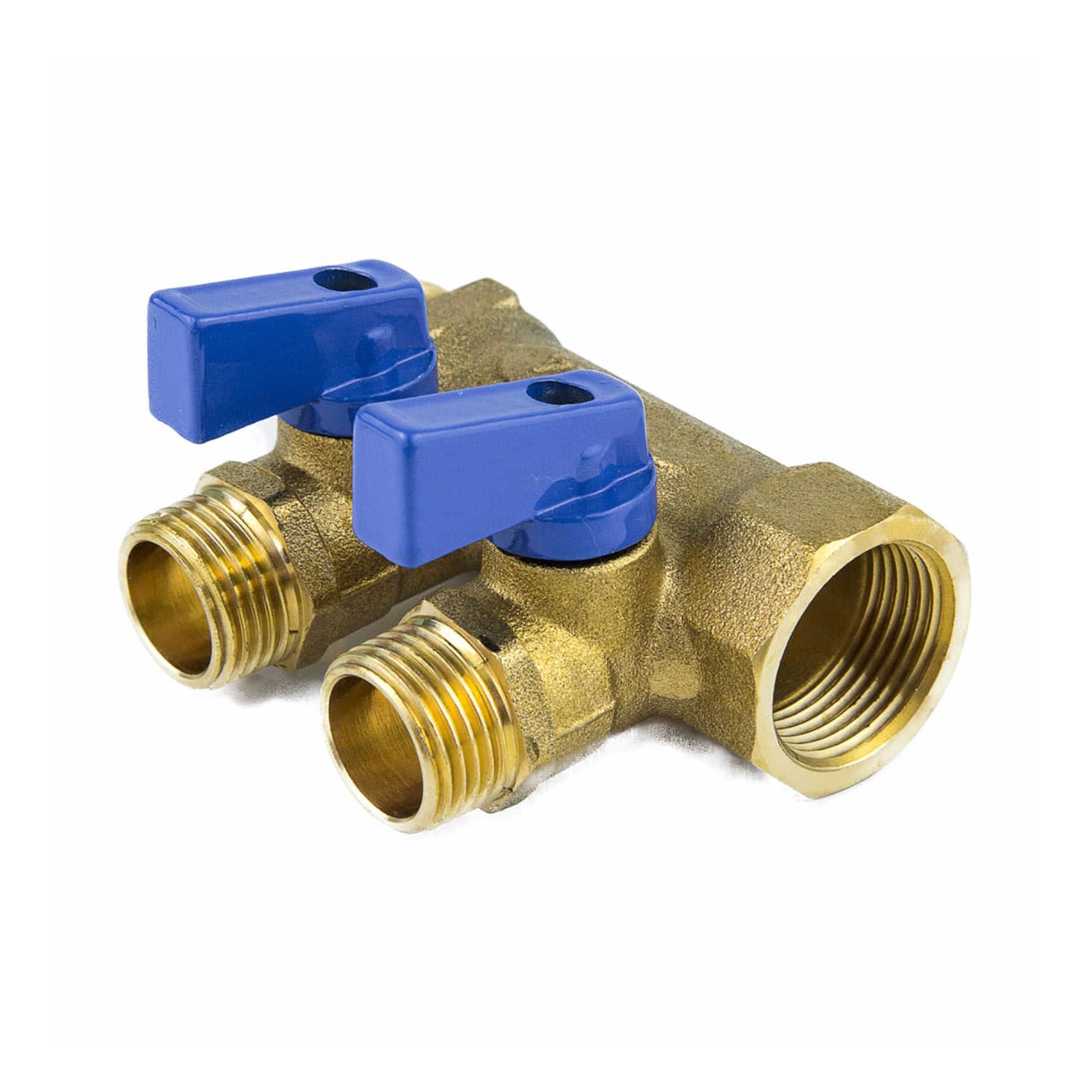 Коллектор латунь 3/4" ВР/НР на 4 вых 1/2" НР м/о 35мм с шаровыми кранами, синие ручки 9025 Aquasfera 9025-03 027-8992