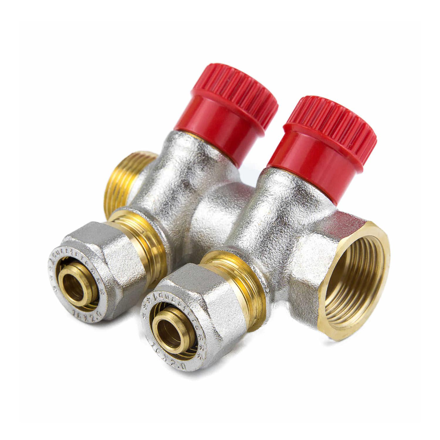 Коллектор латунь 3/4" ВР/НР на 4 вых Дн16 м/о 35мм обжим с регулирующими клапанами, красные ручки для мп 7018 Aquasfera 7018-03 027-9013