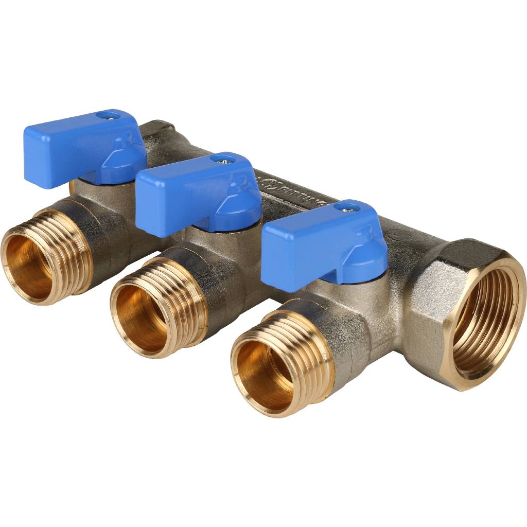 STOUT Коллектор с шаровыми кранами 3/4", 3 отвода 1/2" (синие ручки) SMB 6201 341203