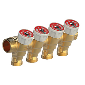 Коллектор латунь 1" ВР/НР на 3 вых НР м/о 50мм под адаптер с базой 16мм с отсечным клапаном R585C Giacomini R585CY043 040-5186