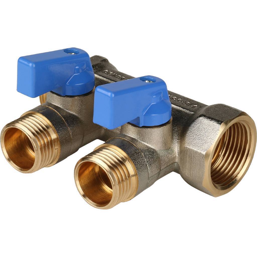 STOUT Коллектор с шаровыми кранами 3/4", 2 отвода 1/2" (синие ручки) SMB 6201 341202