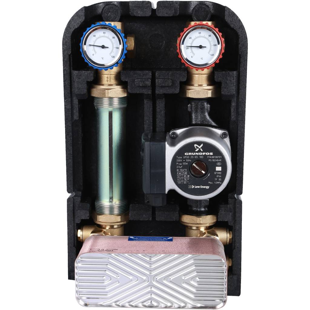 STOUT SDG-0038 Насосная группа с теплообменником 34 пластины,с насосом Grundfos UPSO 25-65 в теплоизоляции SDG-0038-342502