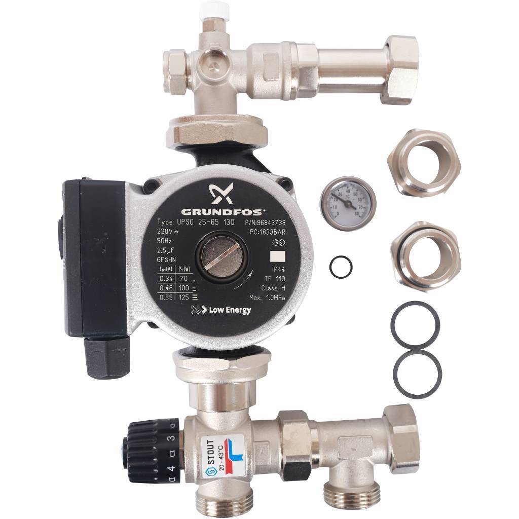 STOUT Насосно-смесительный узел с термостатическим клапаном 20-43°C, с насосом UPSO 25-65, 130 mm *SDG-0120-004001
