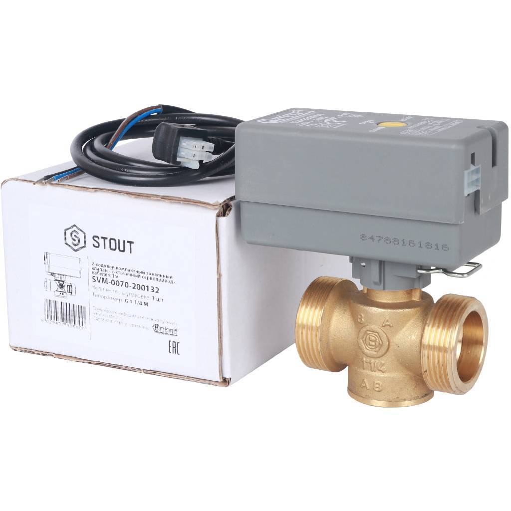 STOUT Компактный 2-Ходовой зональный клапан, сервопривод 230V, с кабелем 1м., НР 1 1/4" SVM-0070-200132 Ду 32 мм