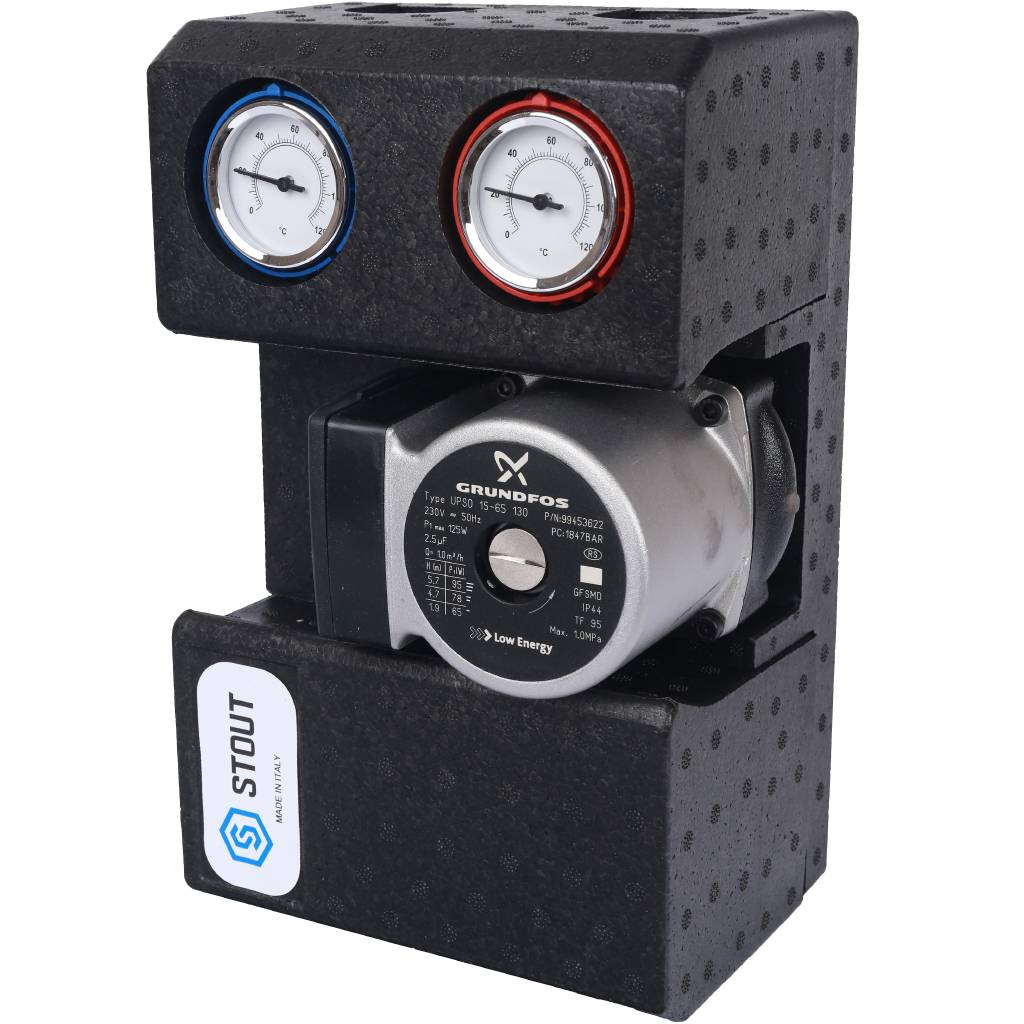 STOUT SDG-0002 Насосная группа с термостатическим смесительным клапаном 3/4"с насосом Grundfos UPSO 15-65 130 SDG-0002-002002