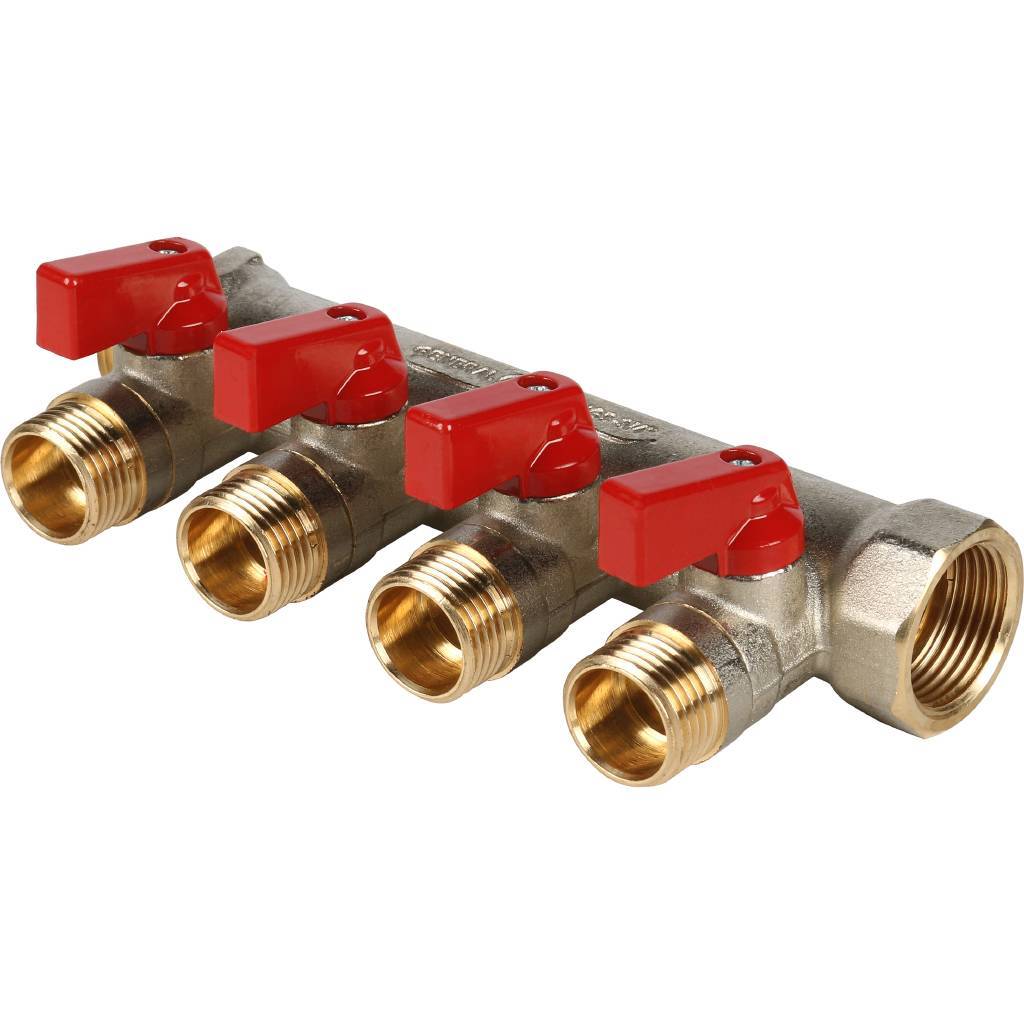 STOUT Коллектор с шаровыми кранами 3/4", 4 отвода 1/2" (красные ручки) SMB 6200 341204