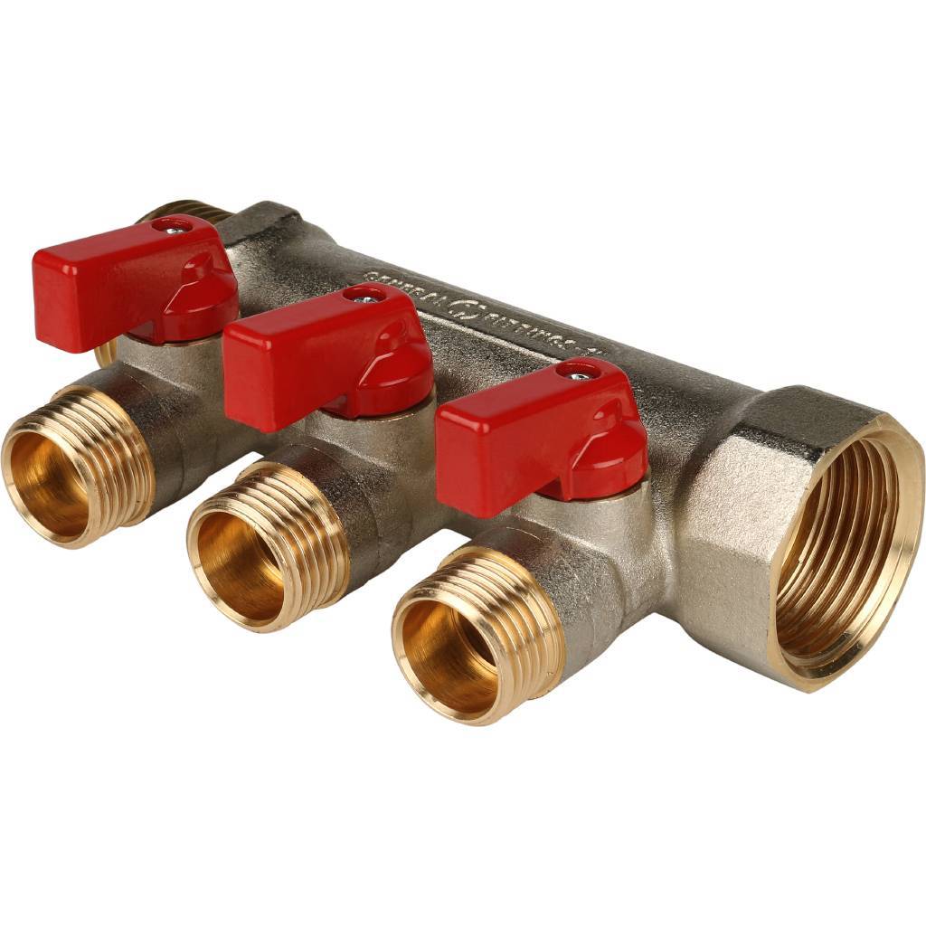 STOUT Коллектор с шаровыми кранами 1", 3 отвода 1/2" (красные ручки) SMB 6200 011203