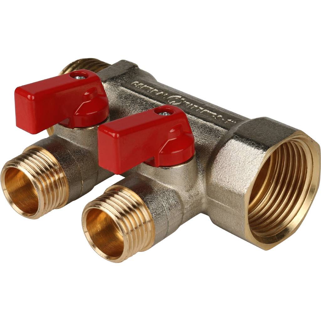 STOUT Коллектор с шаровыми кранами 1", 2 отвода 1/2" (красные ручки) SMB 6200 011202