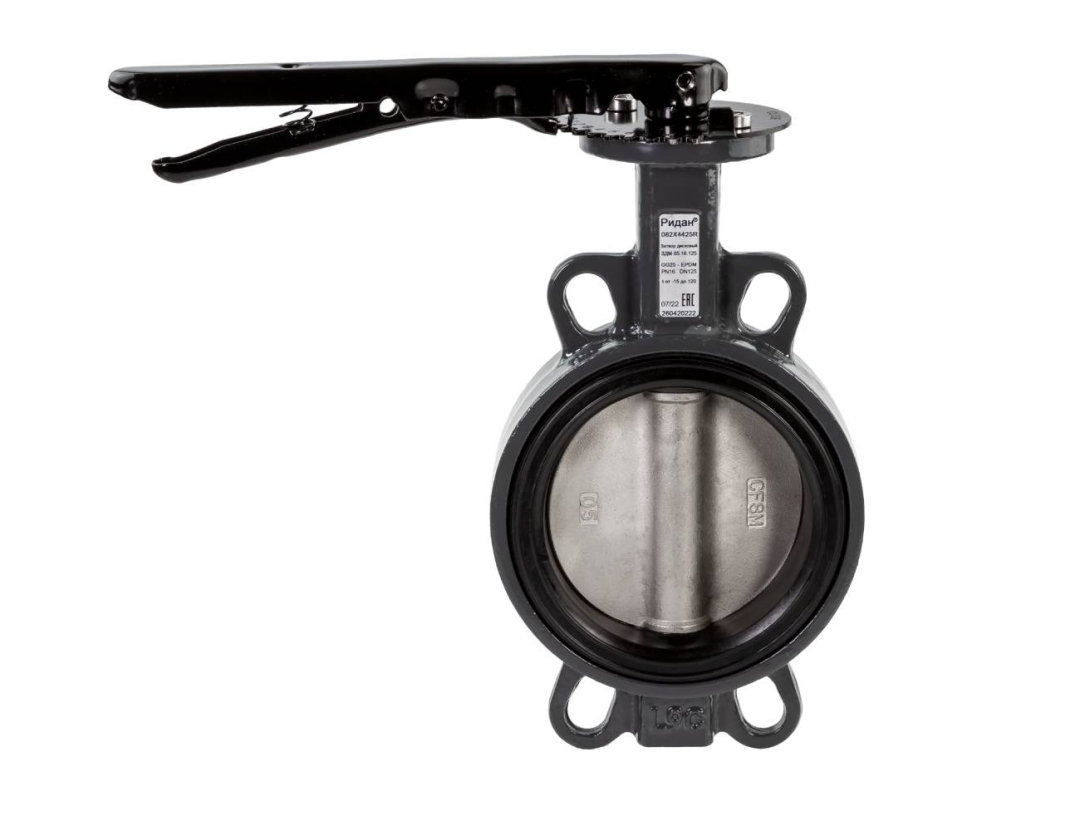 Ридан 082X4904R — Затвор дисковый с центрирующими проушинами ЗДМ PN25 DN100 корпус чугун GGG40; диск чугун GGG40; уплотнение EPDM; рукоятка Ду 100 мм