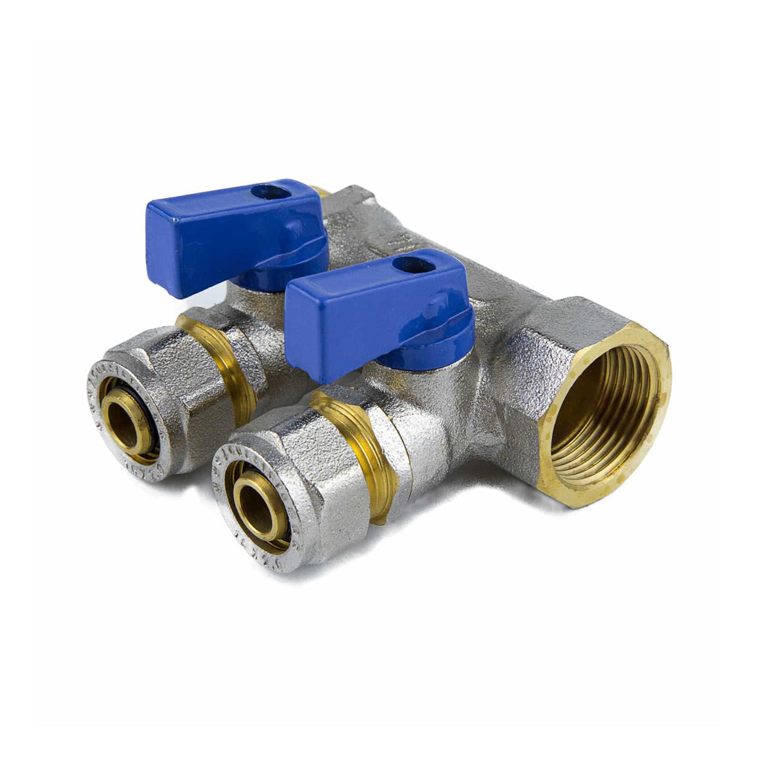 Коллектор латунь 1" ВР/НР на 2 вых Дн16 м/о 35мм обжим с шаровыми кранами, синие ручки для мп 7015 Aquasfera 7015-03 027-8998
