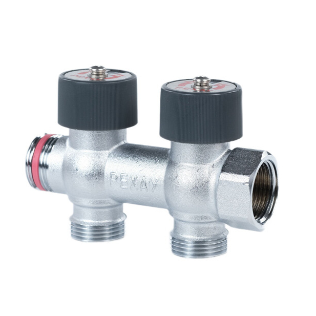 Коллектор латунь 3/4" ВР/НР на 2 вых 3/4" НР м/о 50мм с запорно-регулирующими клапанами Рехау 11316443001 129-9770