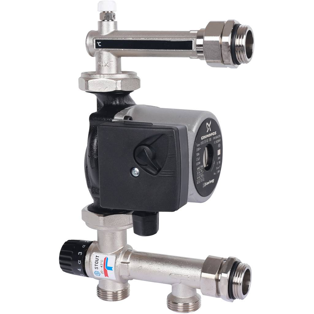 STOUT Насосно-смесительный узел с термостатическим клапаном 20-43°C жидкокристаллическим термометром, с насосом UPSO 25-65, 130 mm SDG-0120-005001