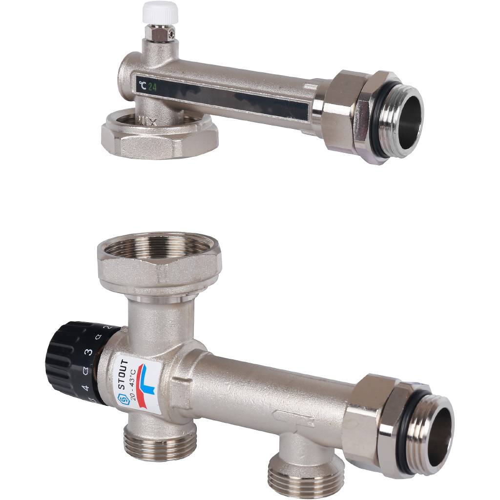 STOUT Насосно-смесительный узел с термостатическим клапаном 20-43°C и жидкокристаллическим термометром, без насоса SDG-0120-005000
