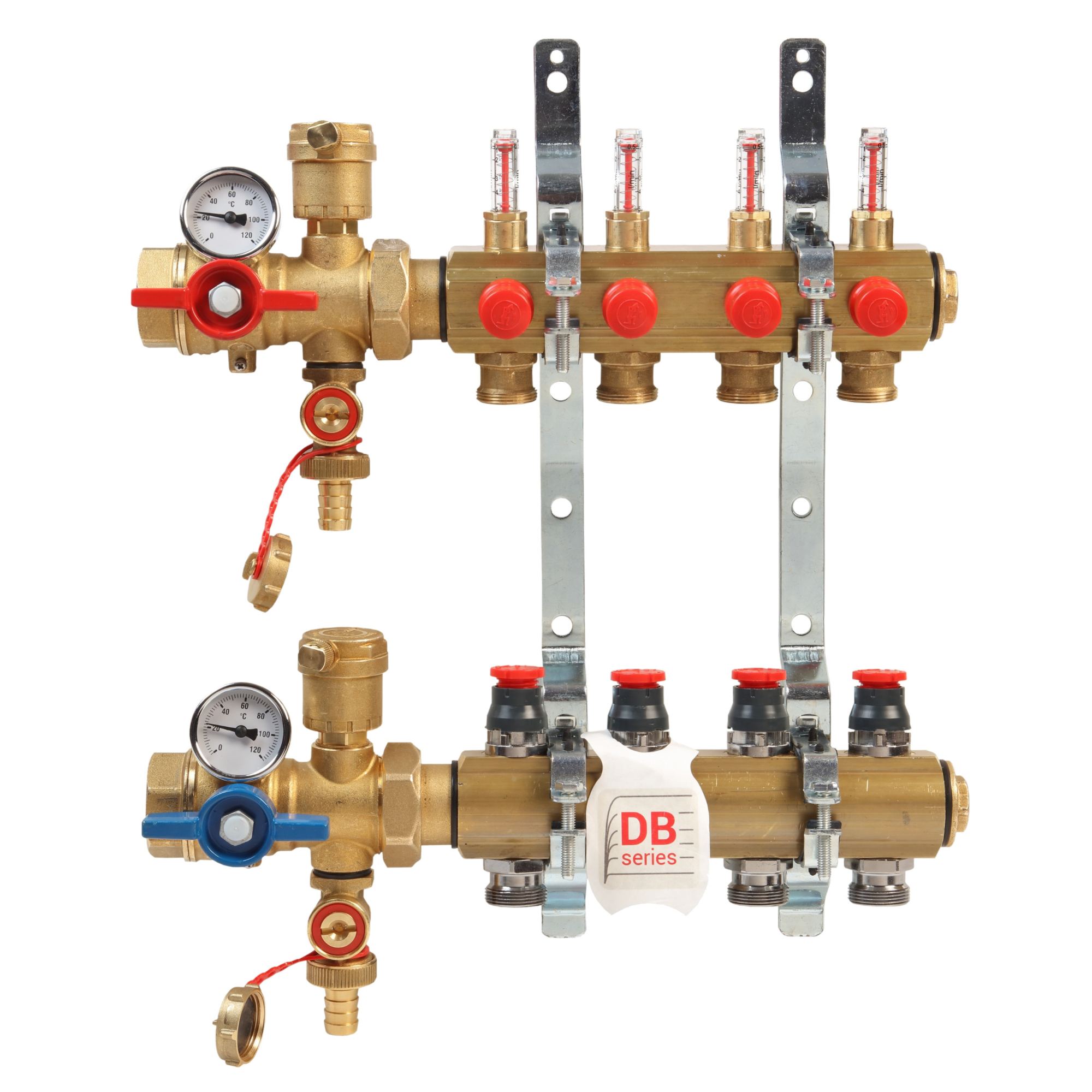 Группа коллекторная латунь 1" ВР/ВР 2 вых НР под адаптер с седлом 18мм с расходомерами R553FKDB Giacomini R553FKDB102 040-5065 Ду 1"х18 мм