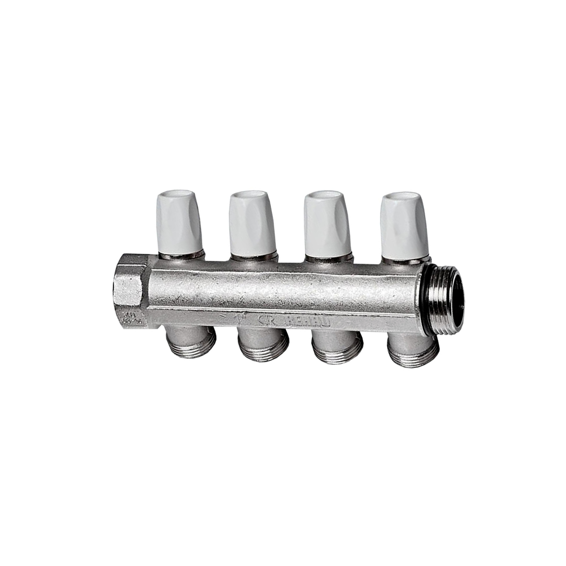 Коллектор латунь 1" ВР/НР на 3 вых 3/4" НР м/о 40мм под евроконус с запорно-регулирующими клапанами Rehau 11316451001 127-7641