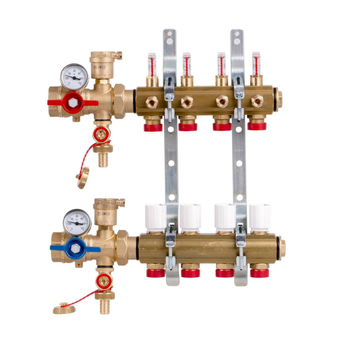 Группа коллекторная латунь 1" ВР/ВР 10 вых НР под адаптер с седлом 18мм с расходомерами R553FK Giacomini R553FK110 040-0830 Ду 1"х18 мм