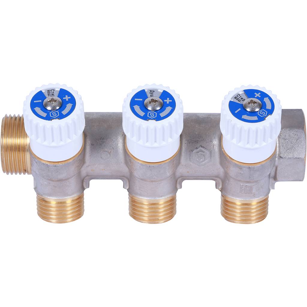 STOUT Коллектор распределительный 3/4", 3 отвода 1/2" плоское уплотнение SMB 6852 341203