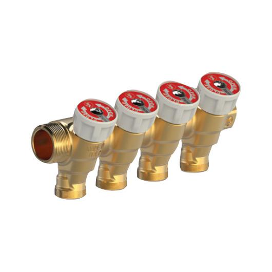 Коллектор латунь 3/4" ВР/НР на 4 вых 1/2" НР м/о 35мм с запорными клапанами R585C Giacomini R585CY074 040-2340