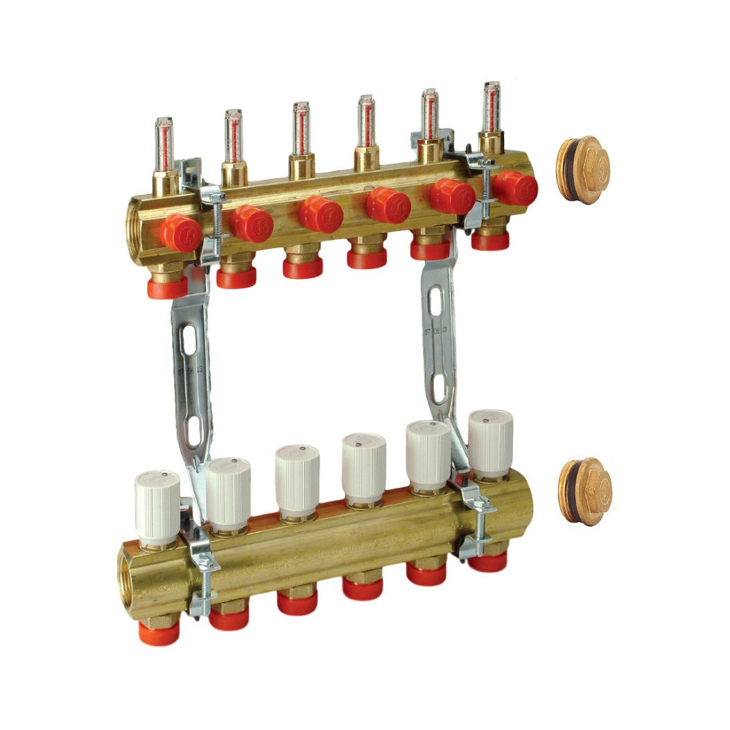 Группа коллекторная латунь 1" ВР/ВР 5 вых 3/4" НР под евроконус с расходомерами R553K Giacomini R553KY065 040-0293 Ду 1"х3/4" мм