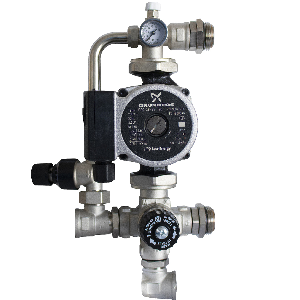 STOUT SDG-0120 Насосно-смесительный узел с термостатическим клапаном и байпасом, Grundfos UPSO 25-65 130 SDG-0120-002002