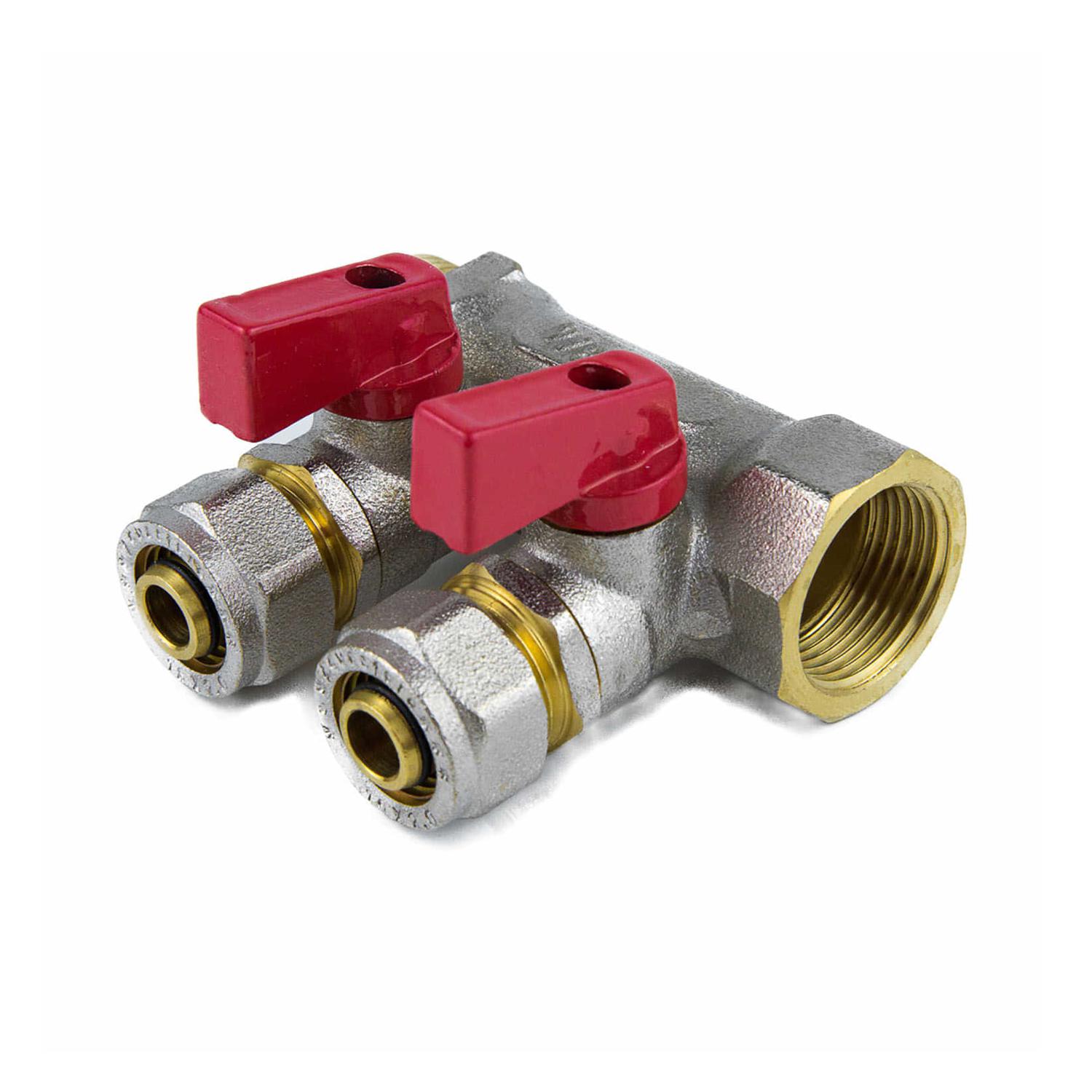 Коллектор латунь 3/4" ВР/НР на 4 вых Дн16 м/о 35мм обжим с шаровыми кранами, красные ручки для мп 7016 Aquasfera 7016-03 027-9004