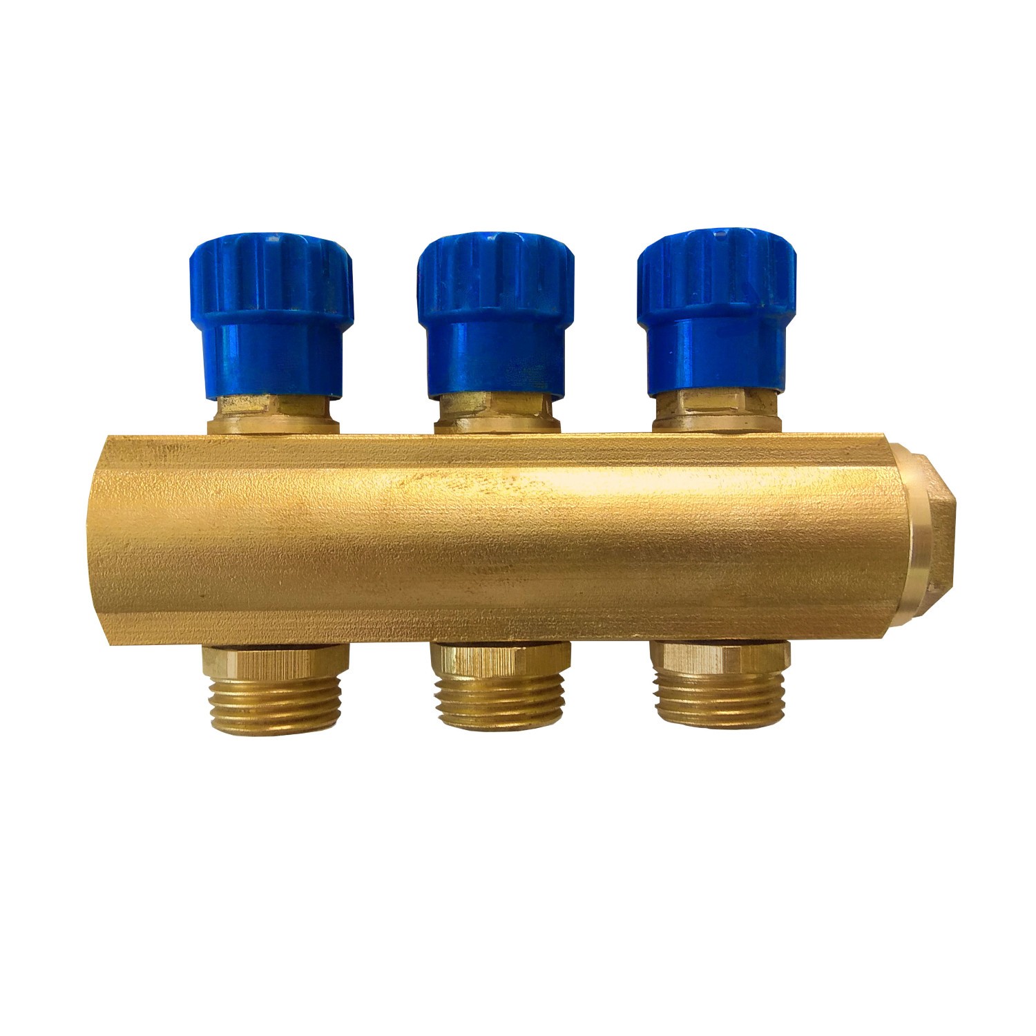Коллектор латунь 3/4" ВР/ВР на 2 вых 1/2" НР м/о 35мм с запорными клапанами синий маховик Апогей 410181 (КЛА 2002.035-4-ВГ(С)-15) 128-5810