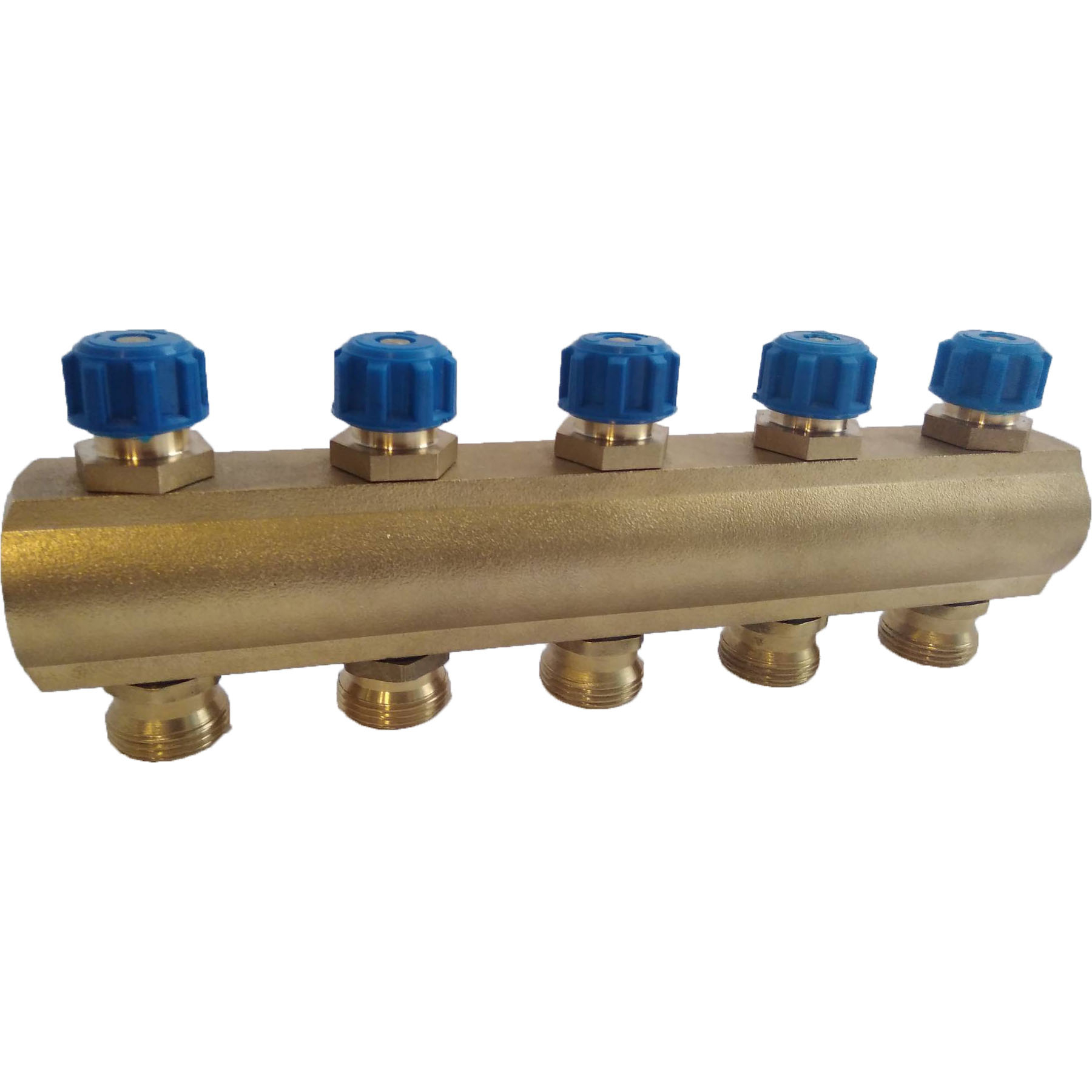Коллектор латунь 1" ВР/ВР на 10 вых 3/4" НР м/о 50мм под евроконус с запорными клапанами синий маховик Апогей 410434 129-6255