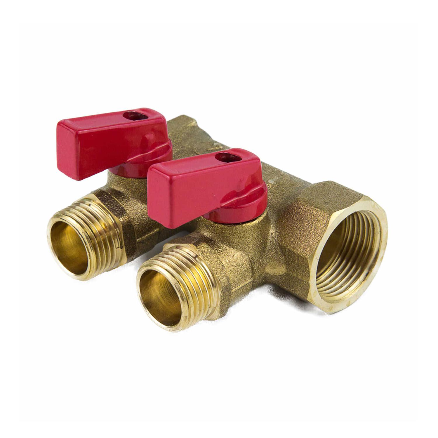 Коллектор латунь 3/4" ВР/НР на 2 вых 1/2" НР м/о 35мм с шаровыми кранами, красные ручки 9026 Aquasfera 9026-01 027-8993